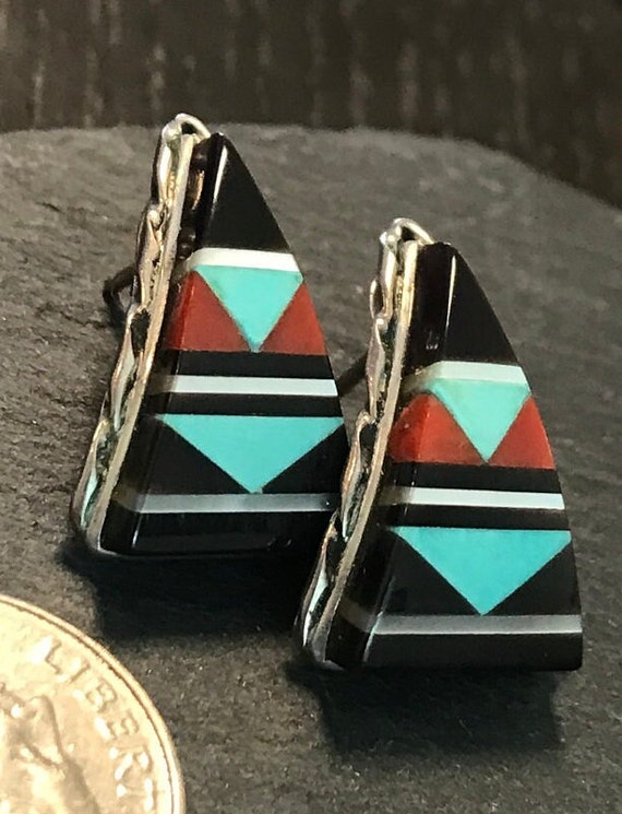 Zuni inlay sterling curved triangle vintage earri… - image 1