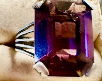 Sterling ring bold Large Amethyst Rectangular paste-dramatic size 9