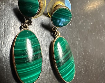 Earrings drops-Silver Vermeil genuine Green Malachite vintage