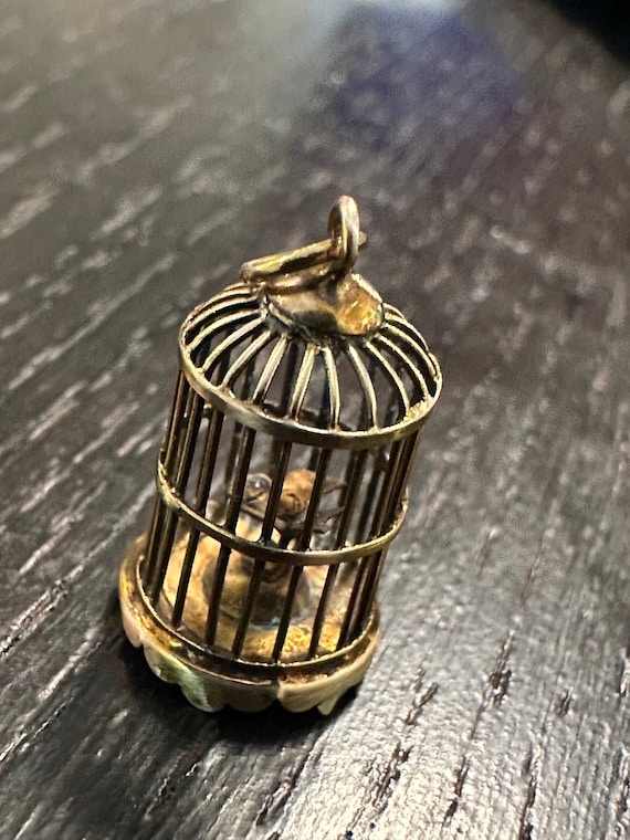 14k charm bird in a bird cage, vintage finely mad… - image 1