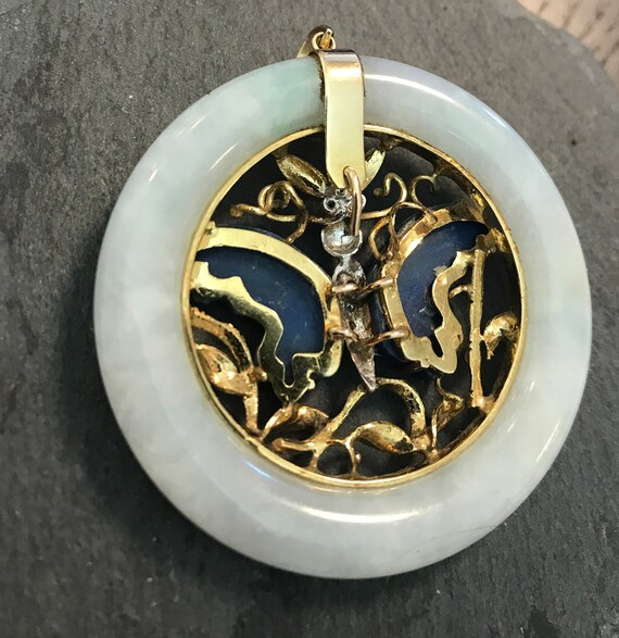 14k yellow gold, jade, lapis carved butterfly, di… - image 3