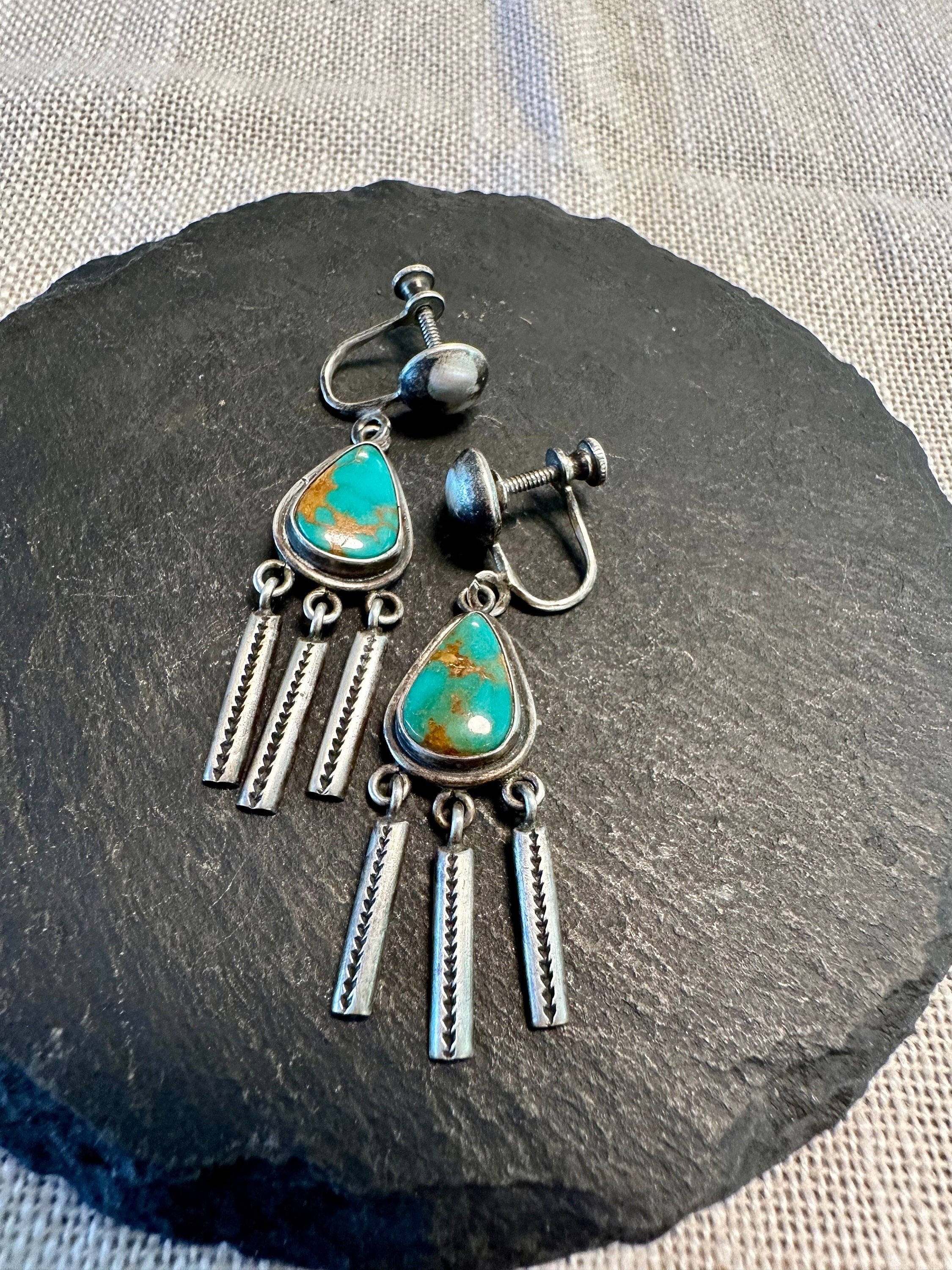 Very Early Rare Vintage Native American Zuni Turquoise Sterling Silver Earrings Very Early Rare Vintage Native American Zuni Turquoise Sterling Silver Earrings