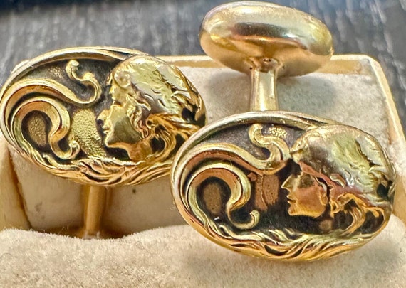 14k solid gold cufflinks antique Art Nouveau-love… - image 2