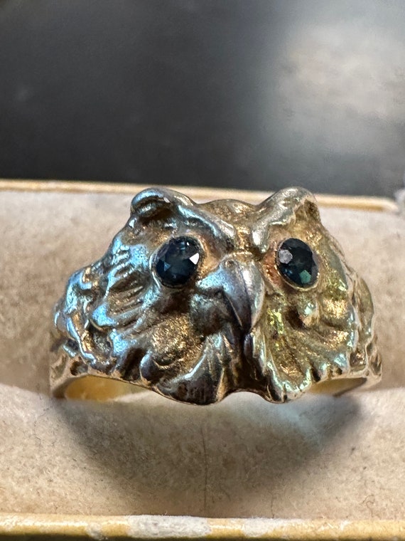 Antique Owl ring early 1900s Silver gilt with jewe