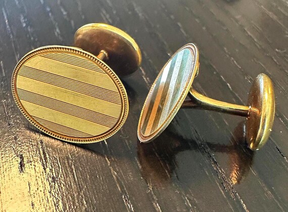 14k cufflinks, oval, Elegant engine turned clean … - image 6