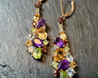 Sterling Vermeil Hand fabricated vintage Genuine Gemstone drop pierced earrings