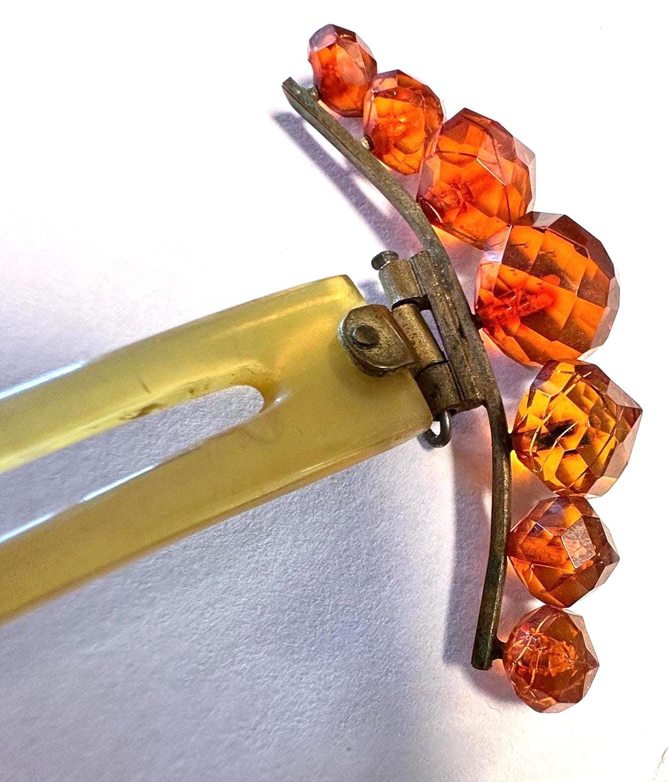 2 Prong Yellow Amber Lucite Victorian Style HAIR STICKS/COMBS Ornate amber celluloid hair combs - set of 2 - 1900s vintage  main image 3