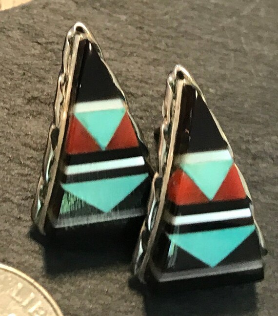Zuni inlay sterling curved triangle vintage earri… - image 3