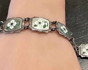 Sterling Bracelet-vintage enameled flowers 6 3/4"