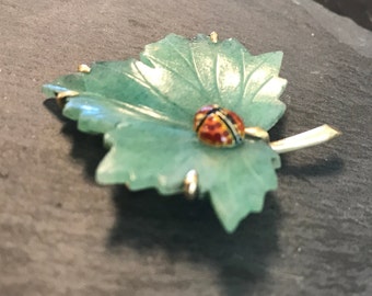 14k carved Aventurine leaf , enameled ladybug mid century brooch