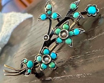 Silver Victorian Brooch-Bouquet of Turquoise and Pearl jeweled flowers