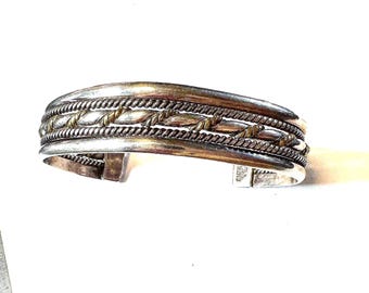 Sterling Cuff Bracelet-vintage Mexican 2 colors 5 decorative bands 7 1/2