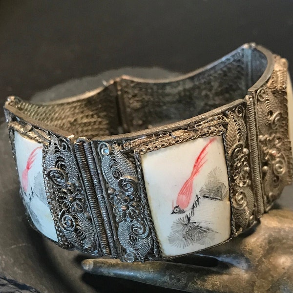 China export- birds of paradise scrimshaw handwrought filigree silver filigree wide link bracelet-early 1900s