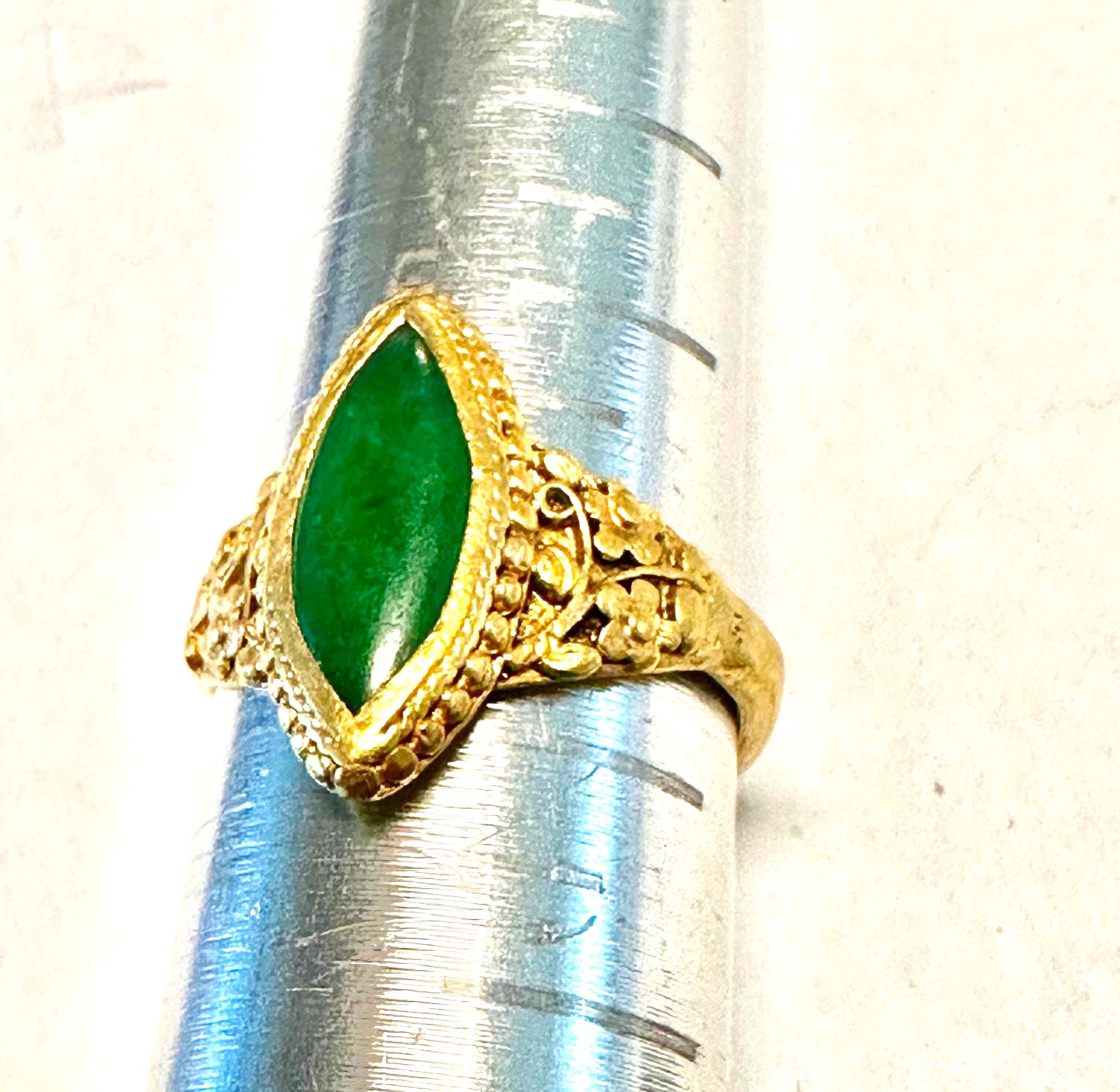 22k Lovely Jade Chinese Ring, Navette Rich Green Color Stone Set