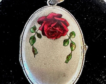 Sterling Large Oval Locket, circa 1920s, gorgeous enameled red rose