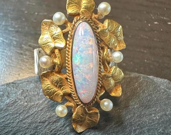 14k Opal Ring, antique rare hand fabricated with gen. Pearls s-7 1/3