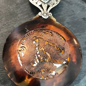John O Bellis tortoise carved dragon, hammered sterling sliding locket-C-1910 arts & crafts pendant