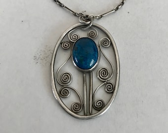 ARTS AND CRAFTS silver Swiss blue jasper necklace.  Early 1900s artist piece. -art nouveau