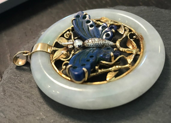 14k yellow gold, jade, lapis carved butterfly, di… - image 4