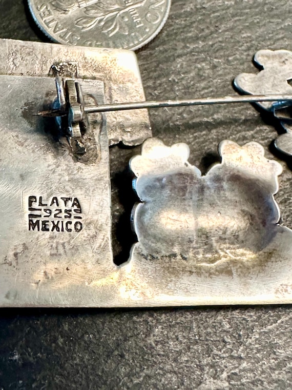 Broche Vintage Mexicaine En Argent Et Turquoise - Conception Artistique Metales Casados Bi-couleur - Occasion