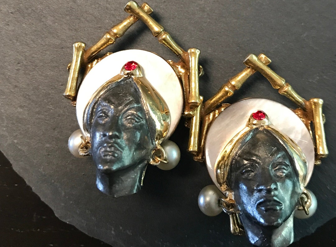 40s Vintage tribal blackmoor earrings & brooch set - Shop