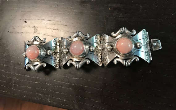 EARLY Silver Mexican wide Agate Link Bracelet- 7" - image 1