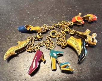 Charm Bracelet history of fancy dress shoes enameled MMA vintage 7 1/4"