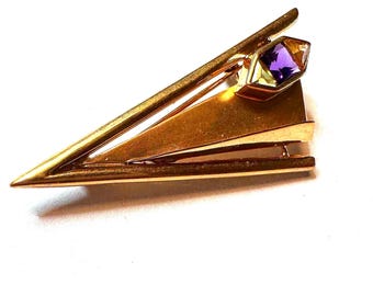 14k Pin cum pendant-Space age sculptural Amethyst, Periot & Citrine jeweled-Modernist motif