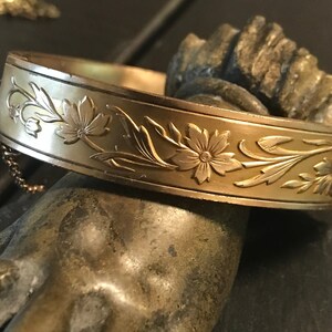 Art Nouveau gold-filled floral hinged bangle bracelet-raised design