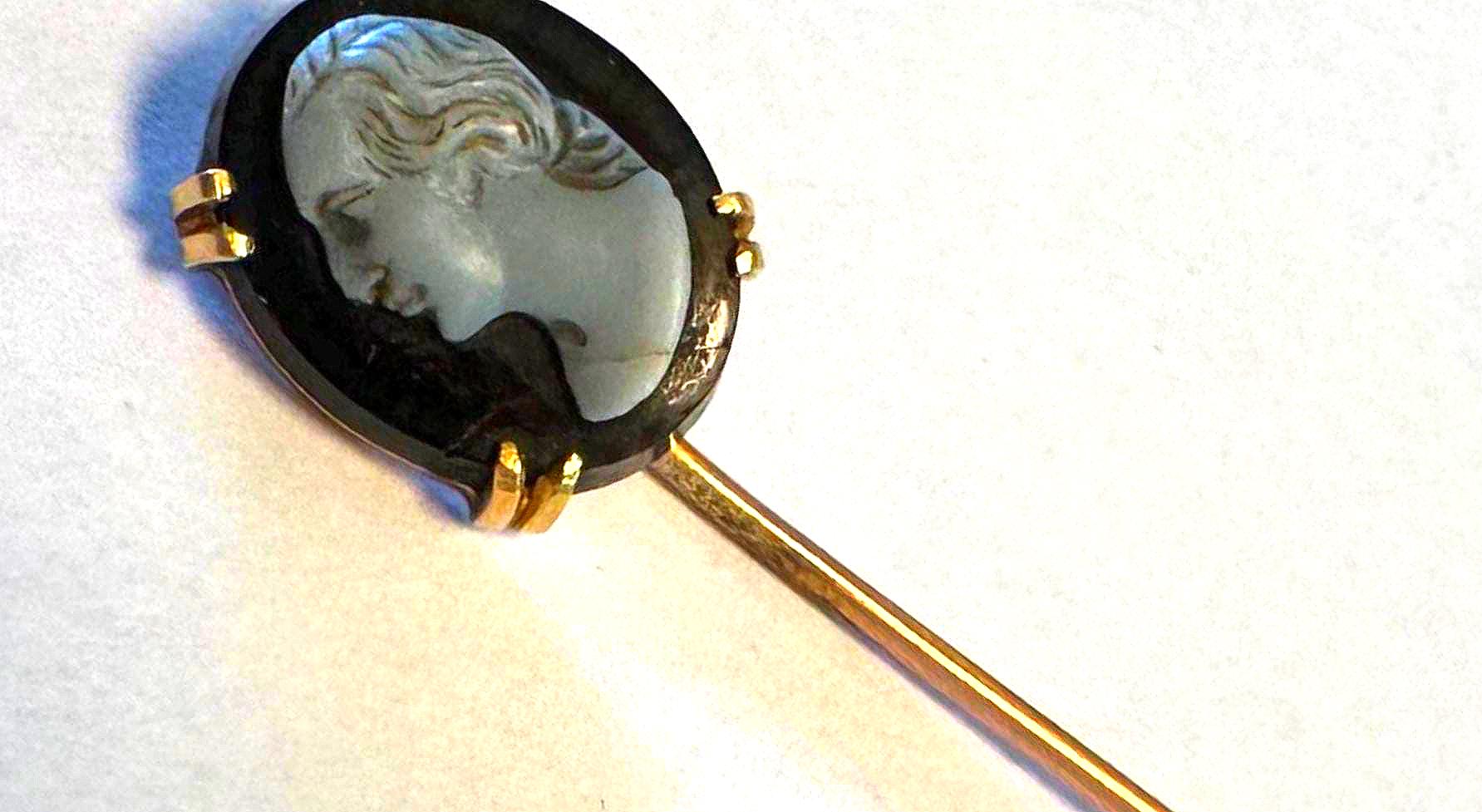 14k Cameo Stickpin, Victorian Unique Hardstone Hand Carving 