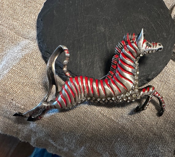 1940s rare Sterling Eisenberg Zebra brooch-red en… - image 1