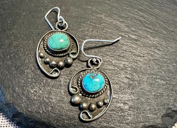 Whimsical Vintage Native American Navajo Morenci Turquoise Sterling Silver Turtle Earrings Whimsical Vintage Native American Navajo Morenci Turquoise Sterling Silver Turtle Earrings