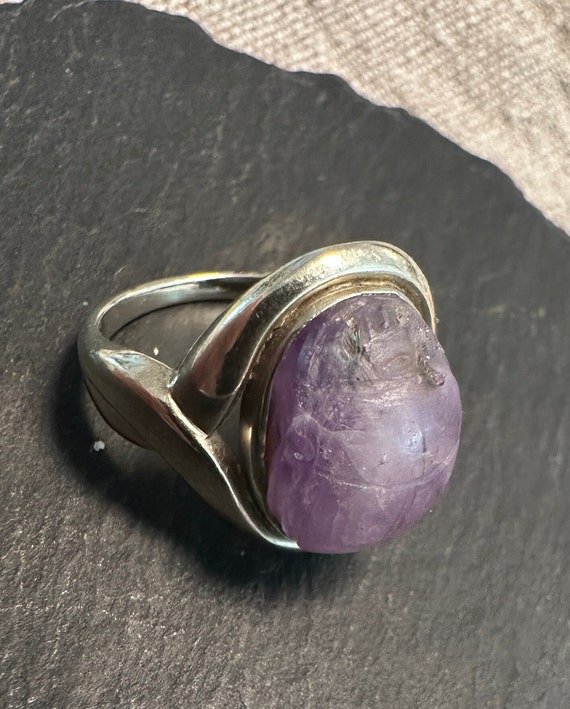 18K Egyptian revival Ring-Carved genuine Amethyst… - image 2