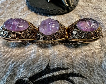 Chinese export silver bracelet vintage- gilt carved genuine Amethyst cabochon of peacocks, exquisite filigree hand construction 6 1/2"