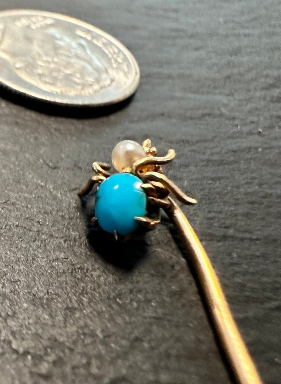 14k Spider stickpin Victorian, Turquoise and natur
