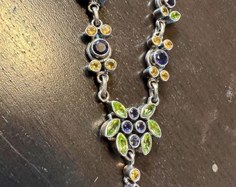Sterling Necklace Hand fabricated with lovely Genuine Amethyst, Citrine & Peridot 18"