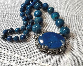 STerling Necklace Deco Swiss  Lapis Dolphine setting 15"