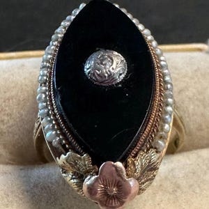 A14kt -1919 black onyx navette diamond, 3-colors gold, gallery of seed pearls. Edwardian delight.  size 5 1/4.