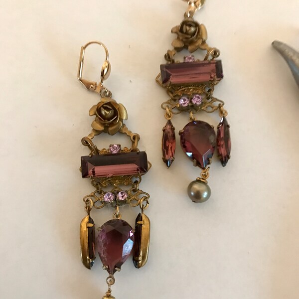 Elaborate detailing to this vintage inspired pair of amethyst glass earrings-original design signed-Dilelio