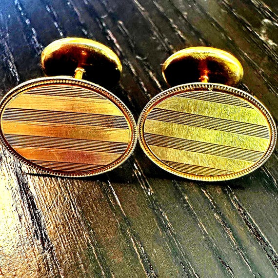 14k cufflinks, oval, Elegant engine turned clean … - image 5