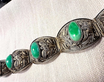 Jade Bracelet Silver early Chinese export gorgeous natural apple green oval cabochons 6 1/3"
