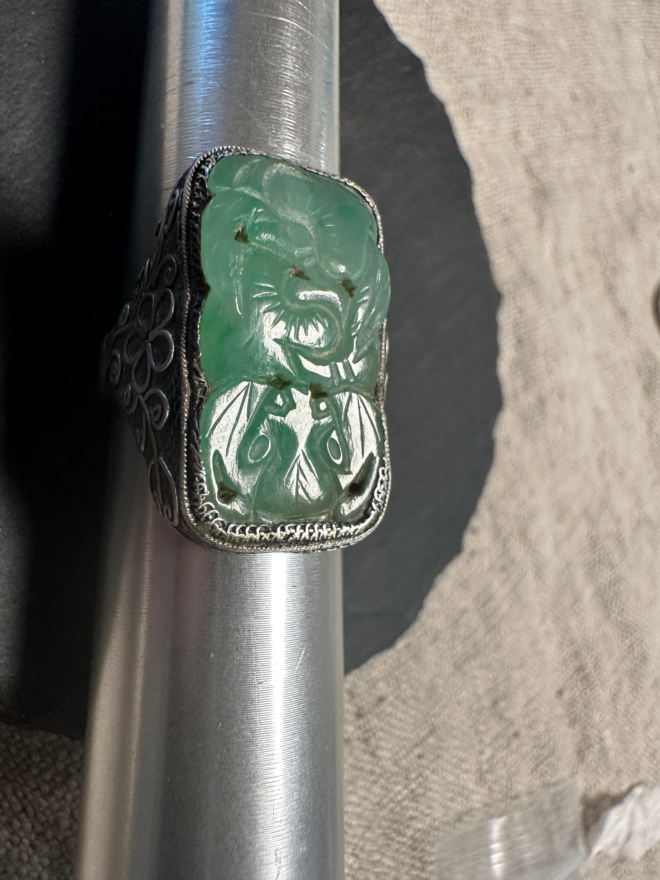 Chinese Export Silver. Ring- Carved Green Jade Bat in Garden