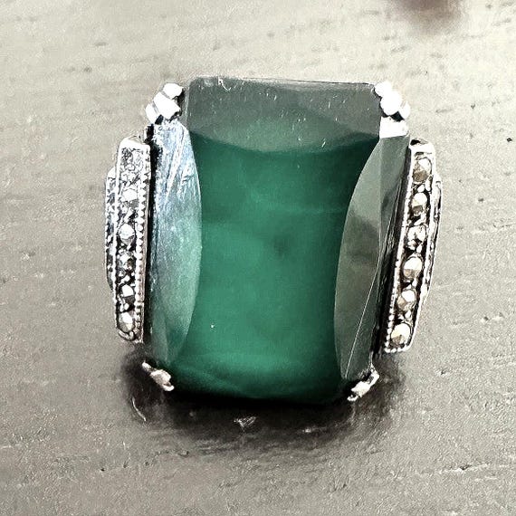 Deco ring Sterling Rectangular green Onyx marasci… - image 6