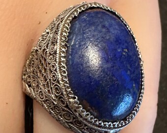 Silver ring Genuine large Lapis Cabochon(15 by 20mm) size7 but adjustable