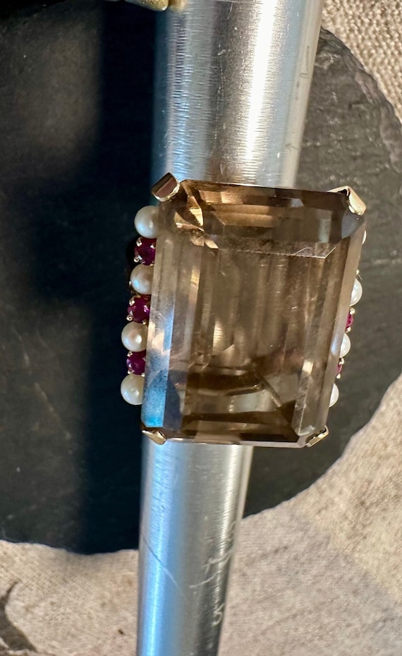 14k large Smokey Quartz ruby and pearl Dramatic la