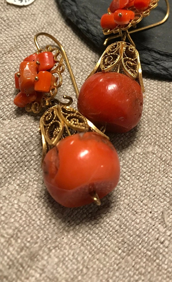 Gold dangle earrings Victorian Large Salmon Coral… - image 3