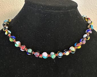 Millifori bead Necklace vintage knotted between-colorful beads 16"