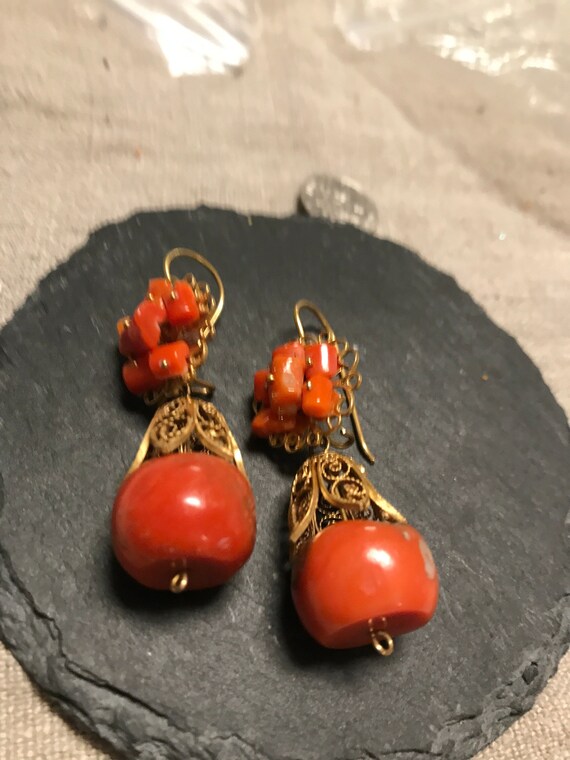 Gold dangle earrings Victorian Large Salmon Coral… - image 1