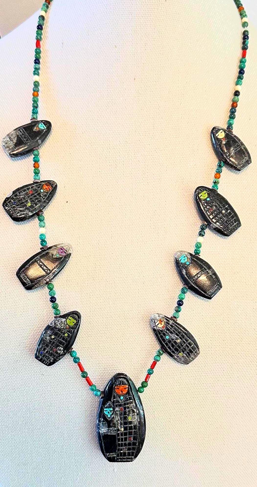 Zuni Fetish Necklace Signed Rhoda Quam-exceptional-9 Corn Maiden