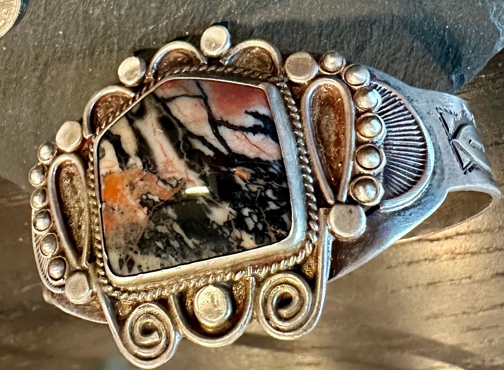Natural Nature Scene Agate Vintage Navajo Native American Jewelry Silver Bracelet Natural Nature Scene Agate Vintage Navajo Native American Jewelry Silver Bracelet